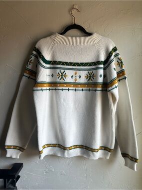 Vintage JCPenney Fair Isle Nordic Sweater XL White Green Mustard Grandpa